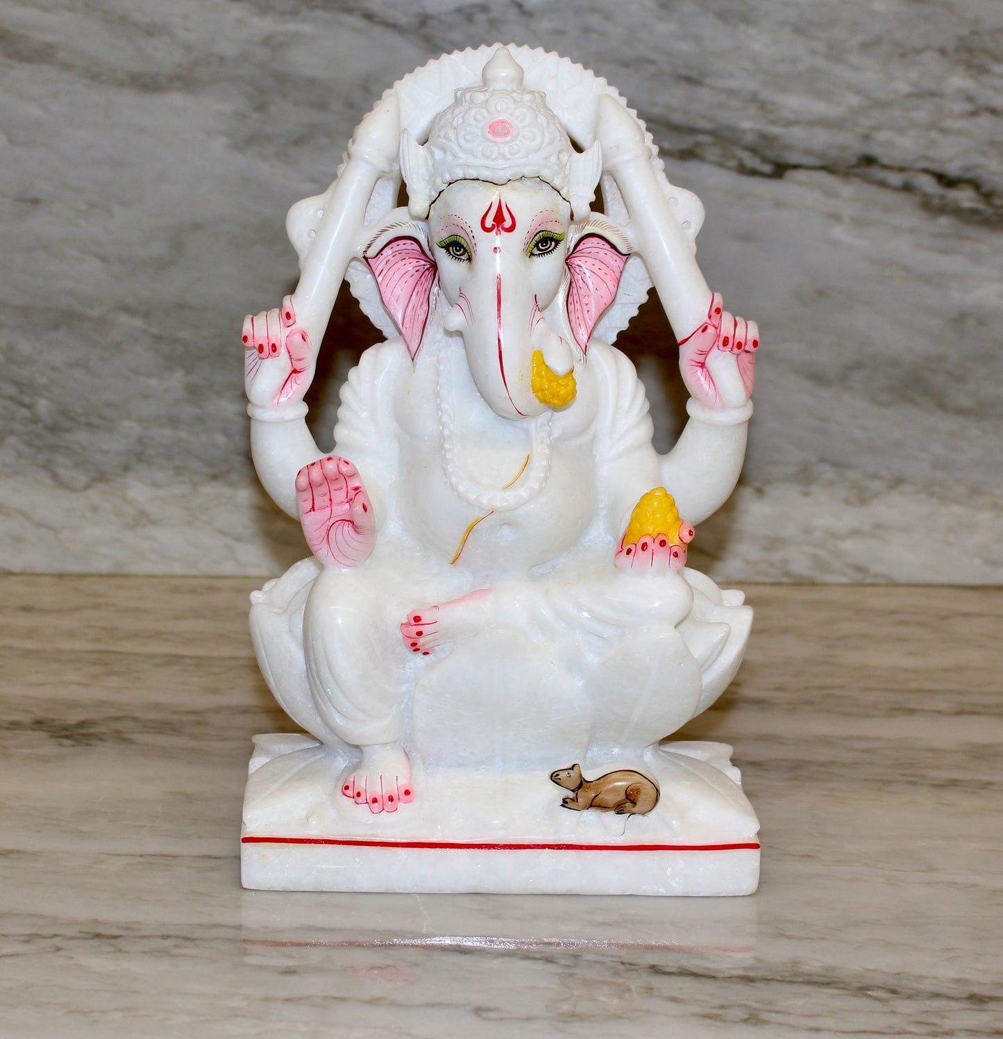 Hand-Carved Marble Ganesha Statue with Painted Accents