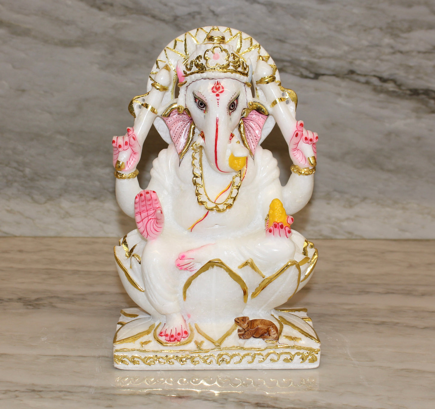 Hand-Carved Marble Ganesha Statue with Golden Detailing
