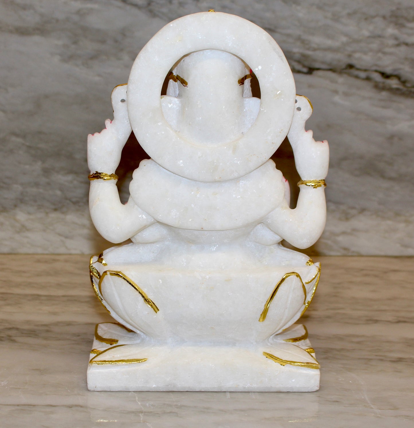 Hand-Carved Marble Ganesha Statue with Golden Detailing