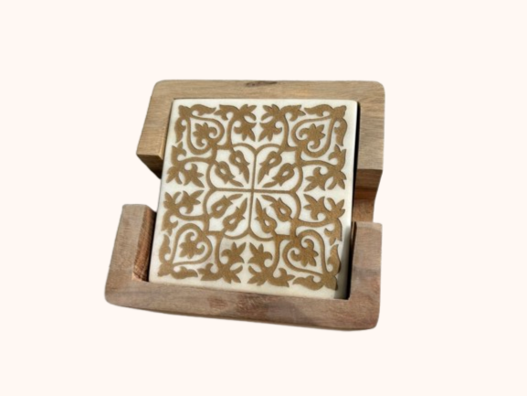 Hand-Carved Marble Coaster Set with Wooden Holder