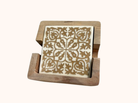 Hand-Carved Marble Coaster Set with Wooden Holder