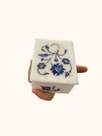 Marble Inlay Square Box – Blue Floral Design