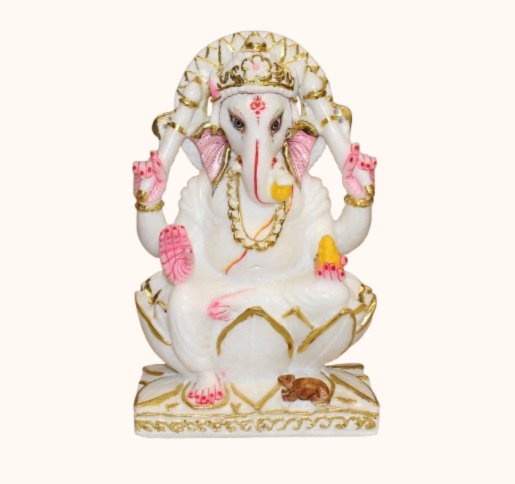 Hand-Carved Marble Ganesha Statue with Golden Detailing