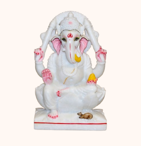 Hand-Carved Marble Ganesha Statue with Painted Accents